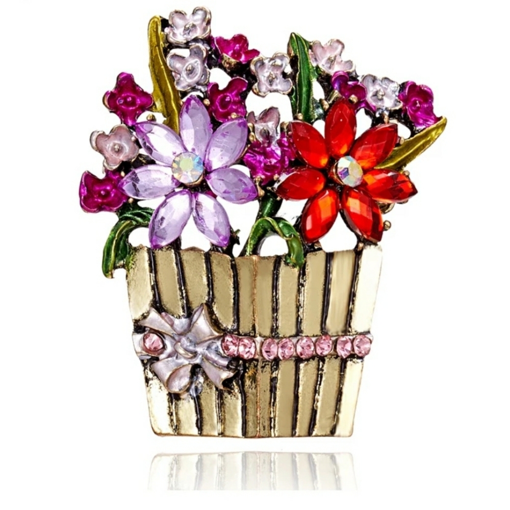 Fashion A Basket Of Flowers Brooch Plants Crystal